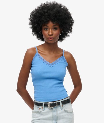 Superdry Women's Women's Organic Cotton Vintage Rib Lace Trim Cami Top Blue / Blush Blue Marl - Size: S/M