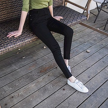 彈力收腹配色繡花口袋窄管褲-OB大尺碼