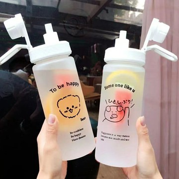 500ml磨砂水瓶卡通豬兔熊杯帶吸管夏季塑料水瓶飲料防漏水杯