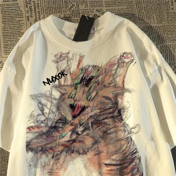 瘋狂線條貓插畫純棉短袖t恤女男生夏季2025新款oversize半袖上衣