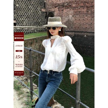 李婉君 法式名媛高級感白色襯衫V領優雅氣質喇叭袖飄帶長袖上衣