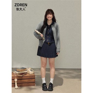 張大人大碼女裝胖妹妹mm顯瘦學院風灰色開衫上衣藏藍色連衣裙套裝