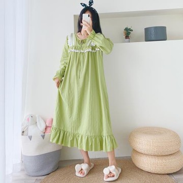 公主風花邊水洗純棉紗布加長睡裙春秋韓版加肥大碼孕婦胖MM家居服