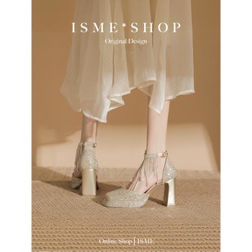 粗跟女春秋單鞋瑪麗珍銀色方頭伴娘鞋婚鞋新款2025高跟鞋中空法式