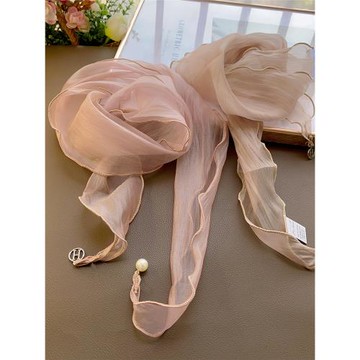 金屬吊墜絲巾女夏季薄款時尚百搭長條防曬紗巾褶皺頸帶小絲巾圍巾