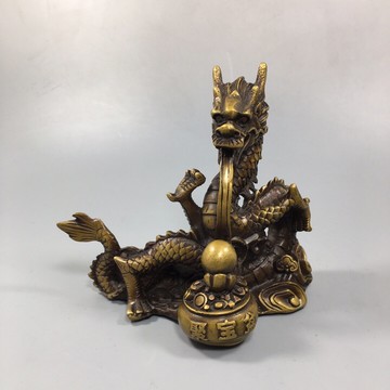 古玩銅器收藏 仿古黃銅做舊聚寶盆龍生肖龍 工藝品裝飾擺件