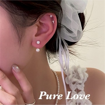 Pure Love樂芙 /正韓 銀飾【S925純銀】E0925簡約純銀耳針小香風單鑽鋯石珍珠後掛式耳環 / 金 銀