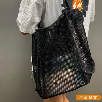 【台灣發貨】高級質感沙灘包2023韓版新款透明網紗單肩挎包時尚輕便百搭購物袋 網紗購物袋 大容量收納袋 尼龍手提袋
