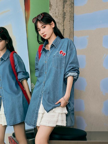 KITTY 街頭狂野．純棉刺繡圖案排釦牛仔襯衫上衣