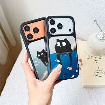 ins黑貓游泳鏡面亞克力黑邊蘋果17promax適用iPhone16pro手機殼13