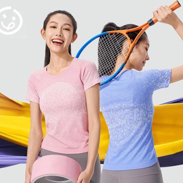 春夏新品 圓領提花顯瘦 訓練健身 瑜伽短袖T恤 跑步運動上衣 雪花短袖