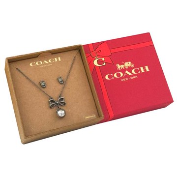 【COACH】珍珠水鑽項鍊耳環禮盒組-灰