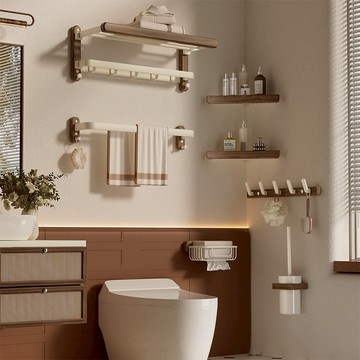 美拉德胡桃木毛巾架高級浴室衛生間廁所洗手間免打孔浴巾置物架子