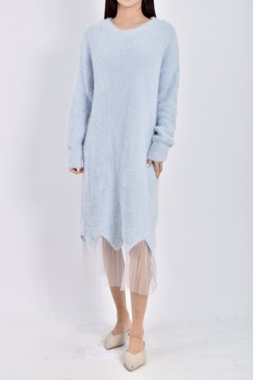 (L) 質感紡紗長袖針織藍色洋裝