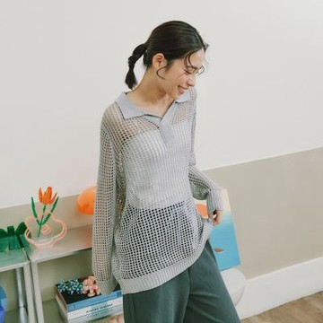【Dailo】POLO翻領鏤空洞洞長版針織上衣 藍 駝 灰(魅力商品)