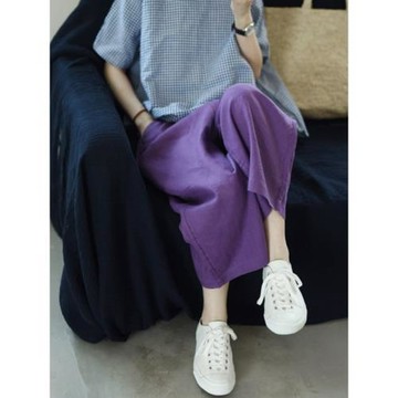 紫色棉麻闊腿褲女夏文藝復古亞麻九分褲子高腰垂感寬松休閑直筒褲