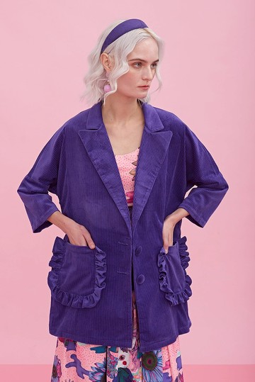 紫色燈蕊絨大袋開叉外套