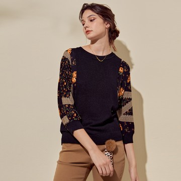 CLL巧玲瓏 復古風玫瑰拼接七分袖上衣 0258320