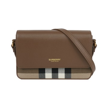 BURBERRY Hampshire 新款格紋帆布拼皮革手拿包/斜背包(土棕色)