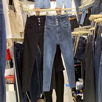 深色秋季復古高腰牛仔褲女多排扣設計顯瘦修身小腳鉛筆九分褲