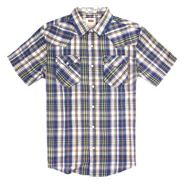 美國百分百【全新真品】Levis 襯衫 短袖 上衣 襯衫 雙口袋 薄 春夏 格紋 青藍 男 S號 E154