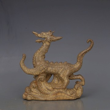 宋 哥窯黃釉金絲鐵線龍紋擺件 仿古瓷器鐵胎舊貨支釘工藝收藏裝飾