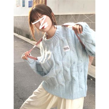 慵懶風高級感藍色軟糯麻花寬松針織毛衣秋冬季女2025新款加厚上衣