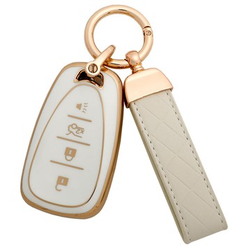 MD global 雪佛蘭適用 TPU 汽車鑰匙保護套 + 皮革掛繩套組  象牙白  雪佛蘭C型