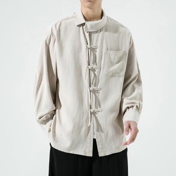 中國風春季棉麻長袖襯衫男復古改良漢服寬松茶禪服大碼居士服外套