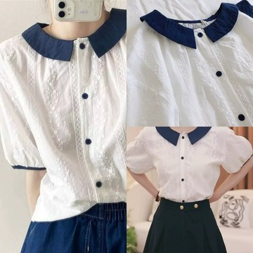 (時尚單品上裝)🌸夏減齡職業通勤娃娃領運動設計感純棉氣質顯瘦短袖🌸 洋氣 減齡撞色娃娃領 泡泡短袖 刺繡 氣質 寬鬆 別