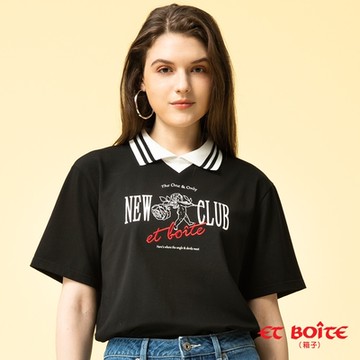 ET BOîTE 箱子 BLUE WAY – 美式復古天使印花短袖POLO衫(黑)