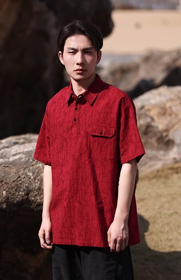 新中式復古 亞麻襯衫唐裝 寬鬆短袖T恤