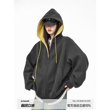 ICH MODE 美式復古撞色連帽外套女秋季2026新款寬松衛衣開衫上衣