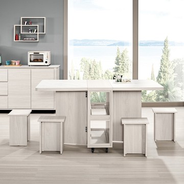 Boden-奧菲2.7尺仿石面多功能伸縮折疊桌(折合餐桌+椅凳四入)-150x80x75cm