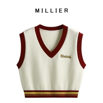 MILLIER春秋新款字母提花針織毛衣背心女英倫學院風短款疊穿馬甲