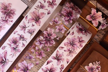 紫荊花  復古粉紫花卉和紙PET貝殼光手帳貼膠帶咕卡拼貼