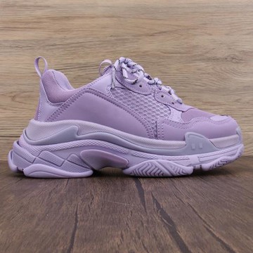 2025年春夏季歐美巴黎家圓頭系帶淺口中跟網紗松糕底香芋紫老爹鞋