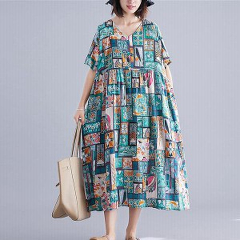 予約商品 大きいサイズのレディース 総柄 マキシワンピース ロング丈 Vネック 半袖 レトロ ワンピ オーバーサイズ 韓国ファッション ビ 通販 Lineポイント最大get Lineショッピング