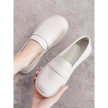 牛筋底女鞋單鞋女舒適平底白色一腳蹬孕婦鞋軟底護士鞋真皮小白鞋