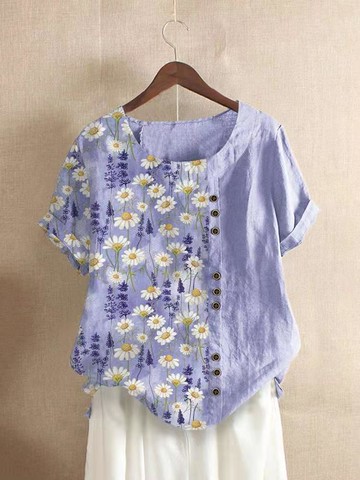 年跨境亞馬遜夏季新款文藝印花圓領套頭短袖寬松顯瘦大碼女裝