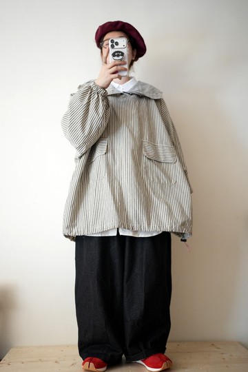 細直紋超寬版連帽上衣