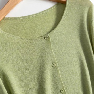 精紡100細羊毛針織開衫女薄款系扣長袖毛衣外套寬松休閑簡約百搭