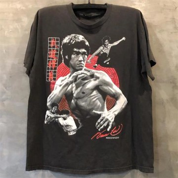 BruceLee李小龍經典人像短袖美式vintage街頭復古小領口重磅T恤潮