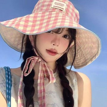 千鳥寬邊繫帶大帽檐格子漁夫帽女雙面夏季防曬遮陽帽夏日出遊必備
