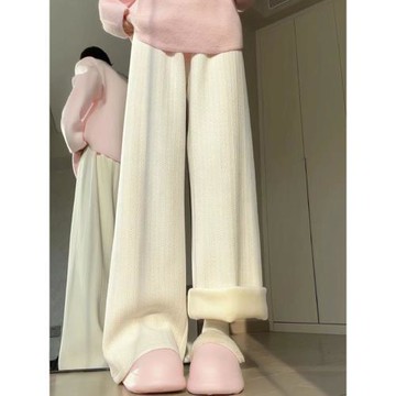 白色雪尼爾闊腿褲女春秋季2025新款高腰垂感休閑顯瘦直筒加絨褲子