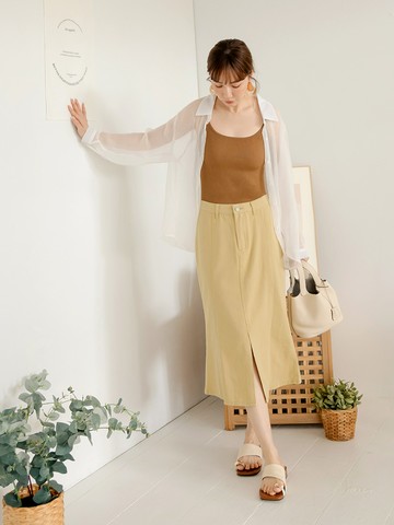 純棉素色前開衩魚尾裙