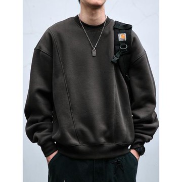 410G重磅美粒絨加厚圓領衛衣男秋冬解構設計寬松落肩保暖加絨外套