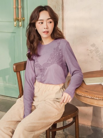 純色坑條拼貼蕾絲透紗假兩件上衣