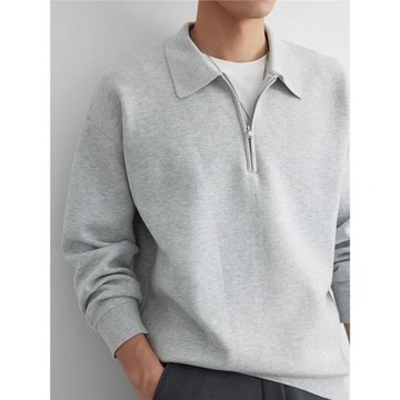 淺灰色翻領衛衣男士春秋季新款韓版ins簡約風青年半拉鏈寬松上衣