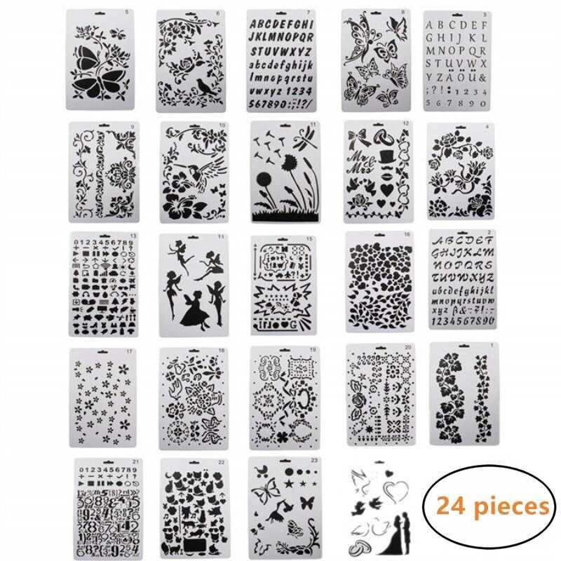 24個 描画絵画ステンシルスケールテンプレートセット10x7インチ プラスチック形状スクラップブックステンシル子供 グラフィックステンシル